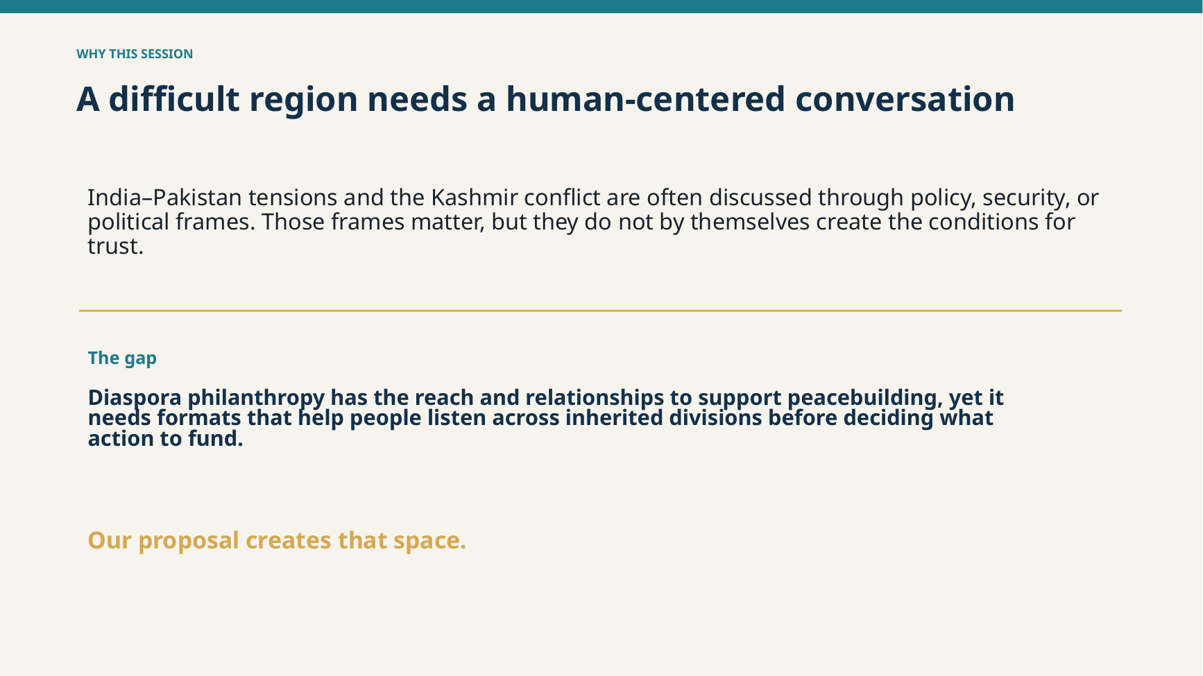 Slide 2: Why this session — a human-centered conversation and a need for listening across inherited divisions